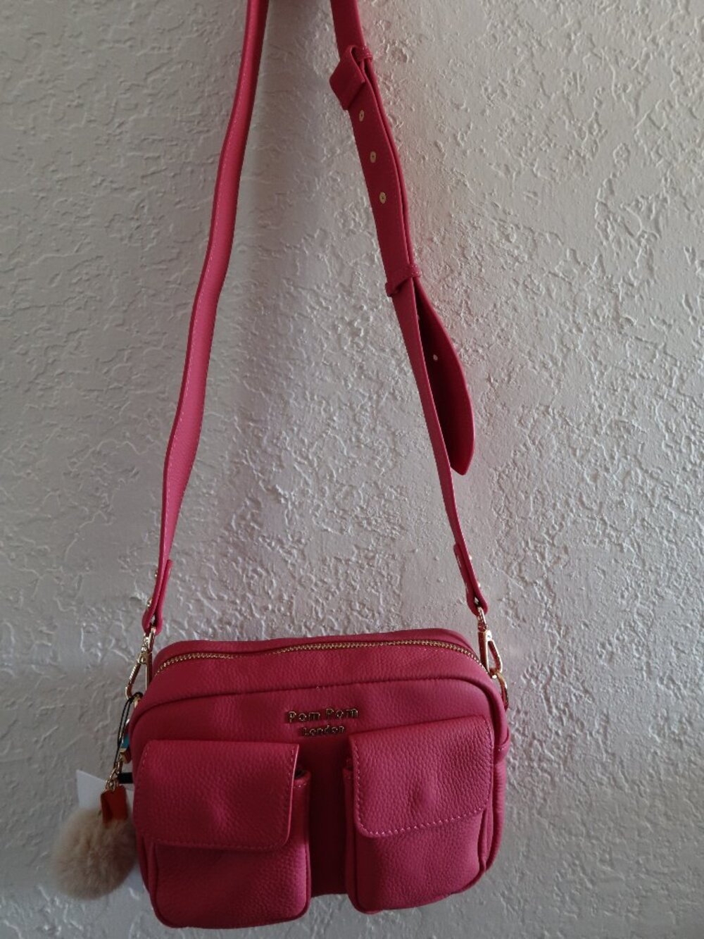 Pom Pom London Leather Chiswick Cargo Crossbody Pink Fuzzy Keychain MSRP $168